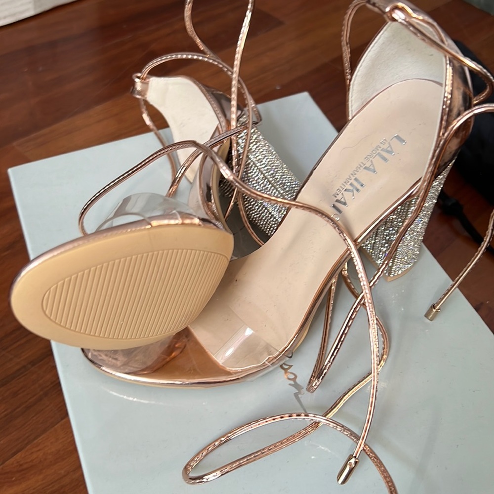 Lala ikai rose gold lace up open toe bling heels